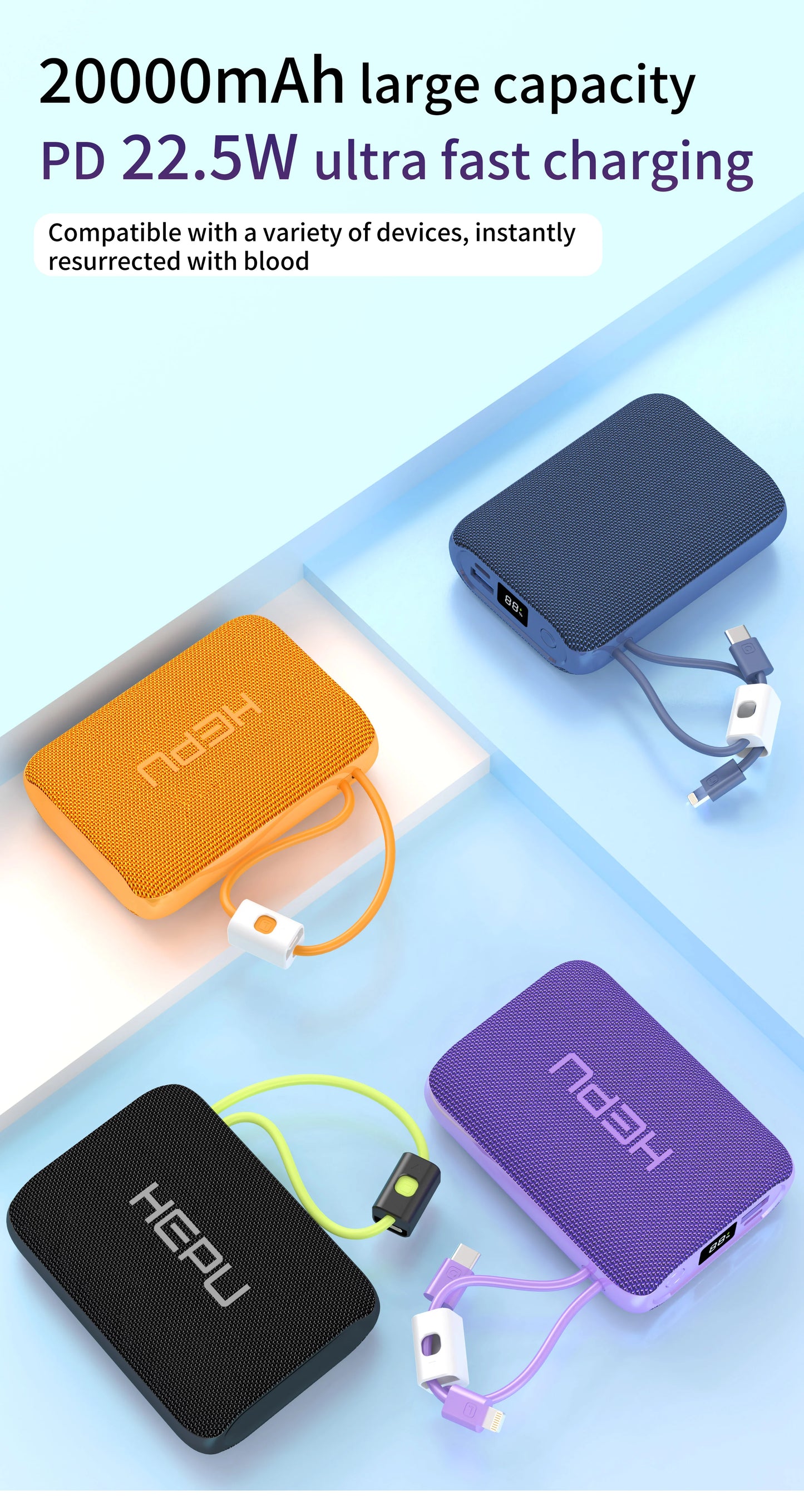 Power Bank HEPU™ – Charge Rapide 22.5W avec Câbles Intégrés