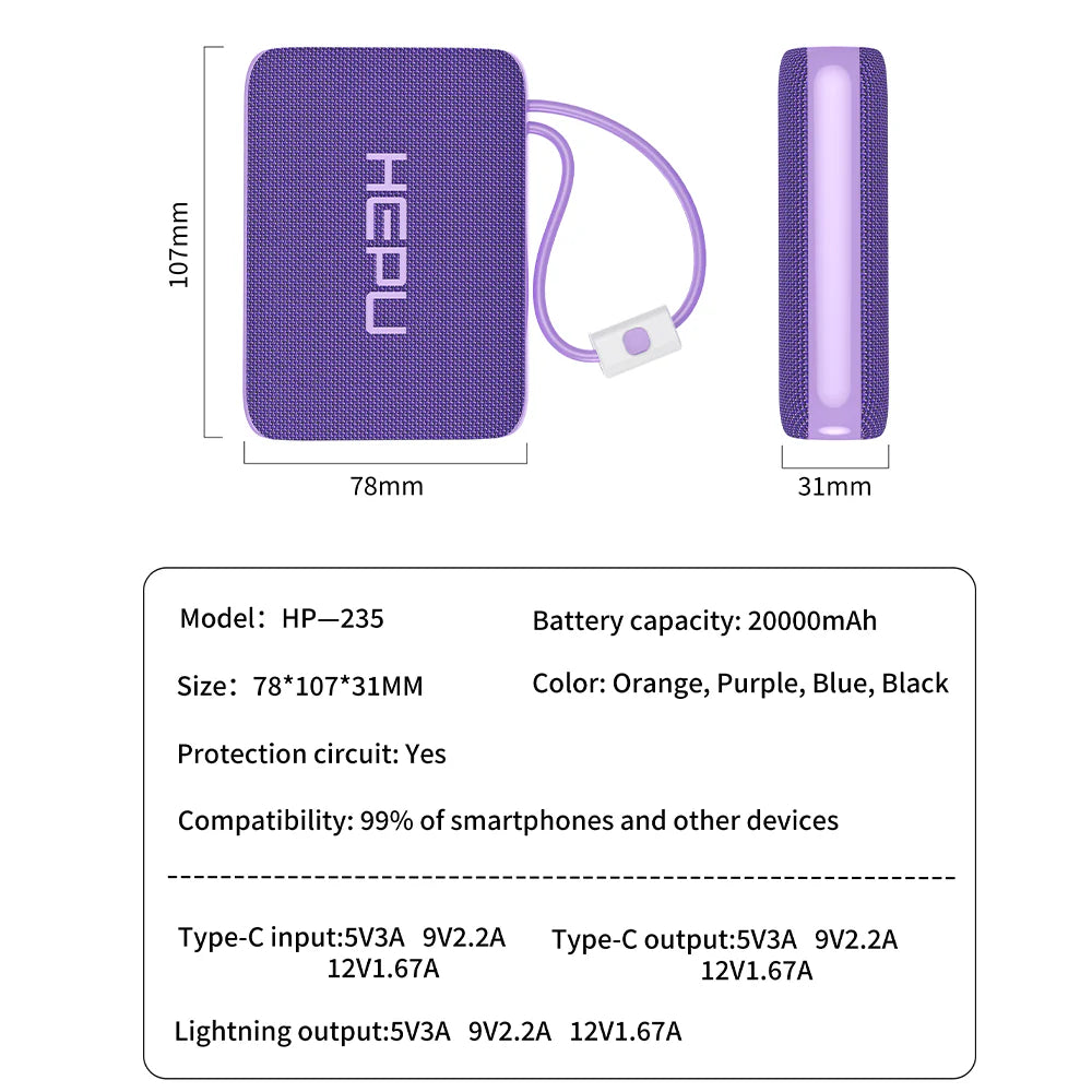 Power Bank HEPU™ – Charge Rapide 22.5W avec Câbles Intégrés